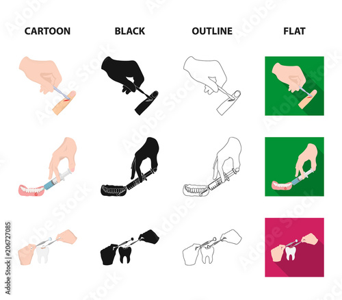 Anesthetic injection, dental instrument, hand manipulation, tooth cleaning and other web icon in cartoon,black,outline,flat style.bactericidal plaster, medicine icons in set collection.