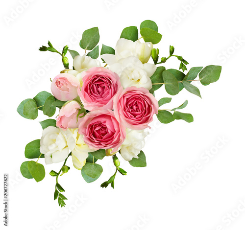 Eucalyptus leaves, freesia and pink rose flowers in a corner arrangement