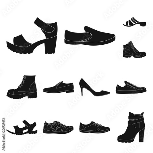 Different shoes black icons in set collection for design. Men and women shoes vector symbol stock web illustration.