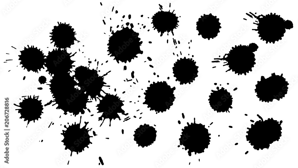 Set of watercolor black ink drops. Expanding of drops spreading on isolated white background. Grunge drops texture. Spray paint shape. Vector abstract splash and stains. Set of watercolor black ink drops. Expanding of drops spreading on isolated white background. Grunge drops texture. Spray paint shape. Vector abstract splash and stains.