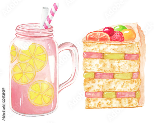 Sweet biscuit cake with fresh fruits and refreshing lemonade. Watercolour illustration.