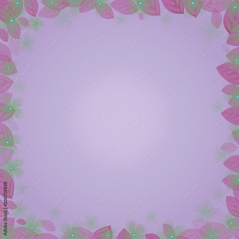 frame of flowers and leaves on a lilac gradient
