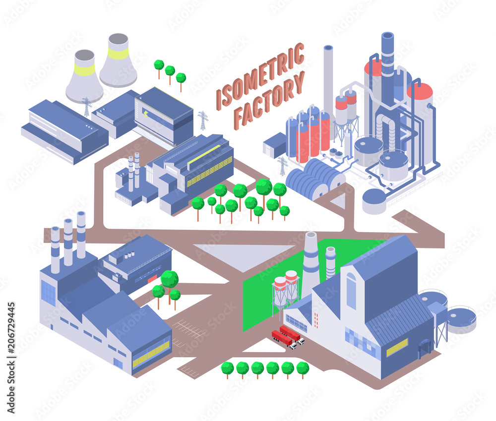 Set of four vector isometric industrial building, energy and chemical plant and other factories