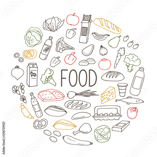 Set of hand drawn food sketches with lettering. Vector illustration.