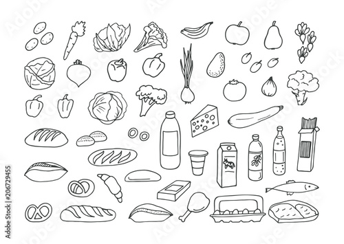 Sketches from groceries products on white background. Vector illustration.