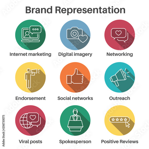 Brand Ambassador and Spokesperson Icon Set w Networking, Social, and bullhorn images
