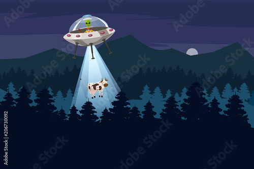 UFO abducting a cow, summer night forest landscape, vector background with stars and moon in the sky. Cartoon style, isolated