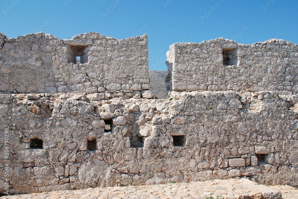 The ruins of the medieval Crusader Knights castle on the Greek island of Halki.