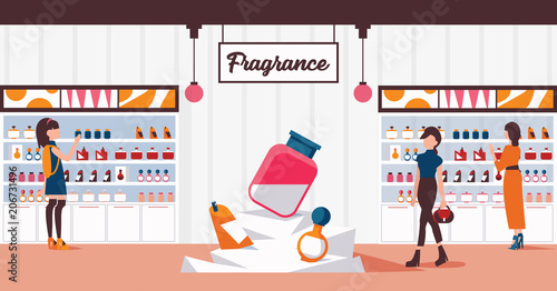 Vector horizontal illustration with fragrance boutique corner, women choosing perfume. Interior of shop and customers.