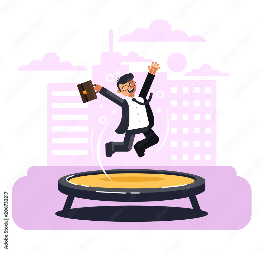 Happy smiling businessman office worker character jumping on trampoline.  Success business lucky man manager holiday concept. Vector flat cartoon  graphic design isolated illustration Stock Vector | Adobe Stock