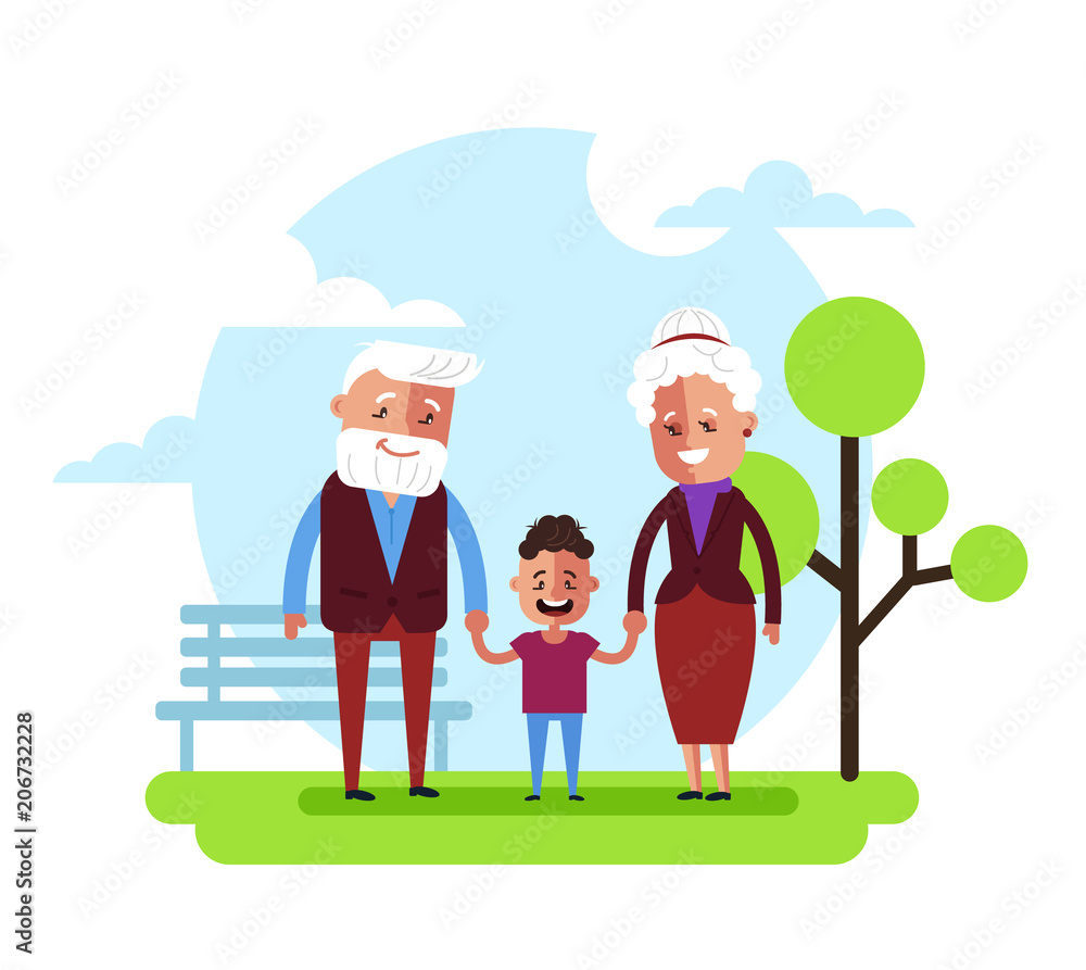 Happy smiling grandparents grandma and grandpa walking with grandson little  boy character in public park and holding hands. Family relationship  concept. Vector flat cartoon graphic design isolated ill Stock Vector |  Adobe