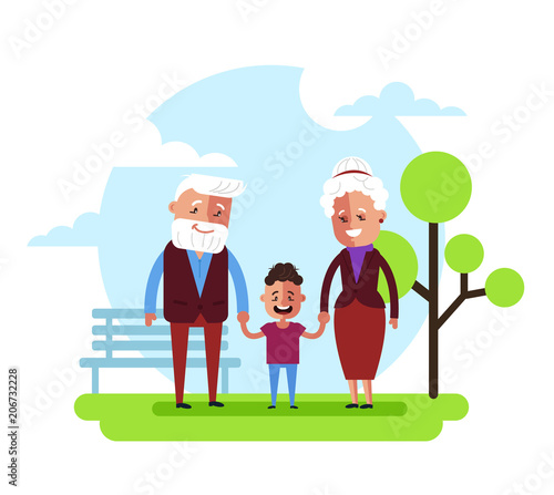 Happy smiling grandparents grandma and grandpa walking with grandson little boy character in public park and holding hands. Family relationship concept. Vector flat cartoon graphic design isolated ill
