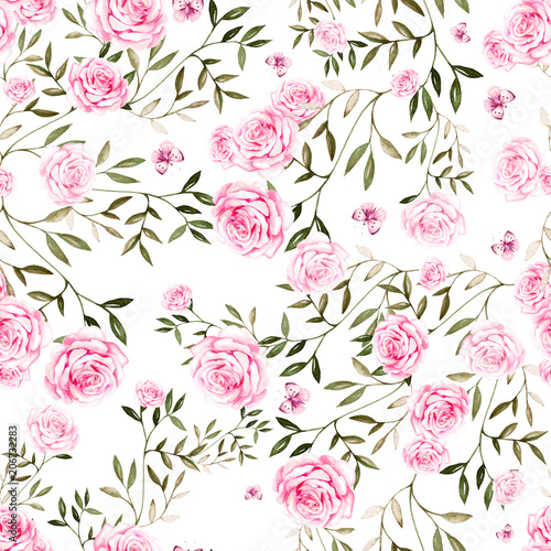 Seamless pattern with watercolor roses flowers. 