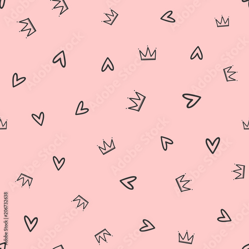 Repeated crowns and hearts drawn by hand. Cute seamless pattern for girls. Sketch, doodle, scribble.