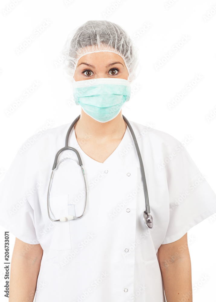 young woman doctor with stethoscope and mask
