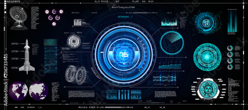 Hud Ui Elements Set. Colorful Technology Elements Sci-Fi for App ( Cockpit, Interface, Dashboard, Infographics, Radar, Spaceship, Futuristic Circle, Statistic and Data ) Vector in Hud Ui Style