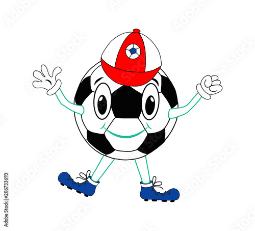 Funny Soccer Ball with peaked cap on a white Background. Vector illustration, print, Football character