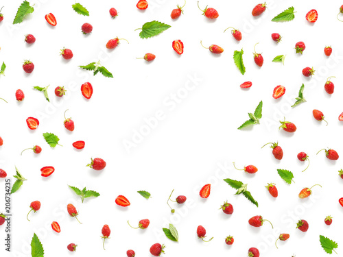 Wallpaper Mural Creative frame flat layout of strawberries and mint isolated on white background. Top view.  Torontodigital.ca