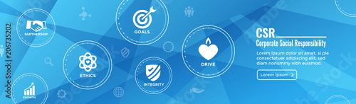 CSR - Corporate social responsibility web banner w Icon Set - Honesty, integrity, collaboration, etc