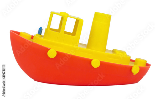 Canvas Print Isolated red and yellow plastic toy boat.