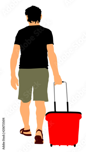 Man doing everyday grocery shopping with shopping basket at supermarket vector isolated on white. Male usual walk after work with consumer bag buy food and another goods in market. Boy purchase buying