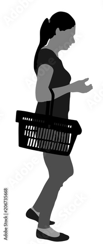 Woman doing everyday grocery shopping with shopping basket at supermarket, vector isolated on white background. Lady usual walk after work with consumer bag buy food and another goods in market.