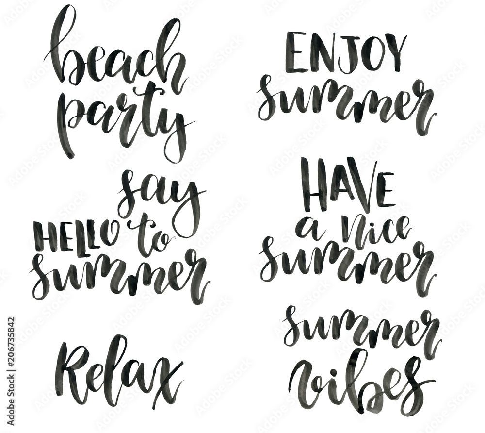 Watercolor summer lettering phrases. Hand painted calygraphy set. Beach party, enjoy summer, say hello to summer, have a nice summer, relax, summer vibes isolated on white background.
