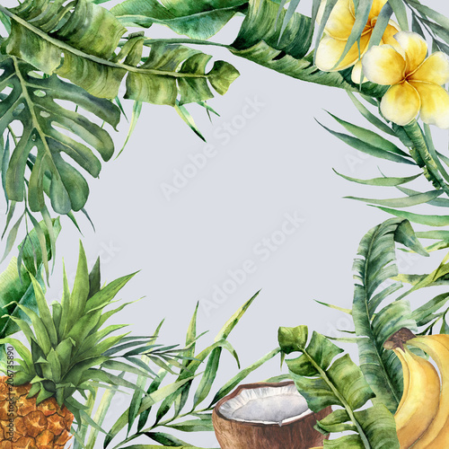 Fototapeta Naklejka Na Ścianę i Meble -  Watercolor tropical frame with exotic branch. Hand painted floral illustration with banana and coconut palm leaves, plumeria, pineapple isolated on blue background for design, fabric or print.