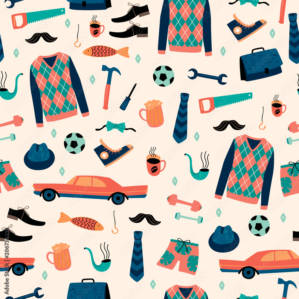 Vector seamless pattern with mans things. Happy Fathers Day concept.