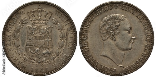 Germany German silver coin 1 one thaler 1840, Land Mecklenburg Schwerin, shield with intricate pattern surrounded by branches, crown on top, head of Grand Duke Paul Friedrich right, 