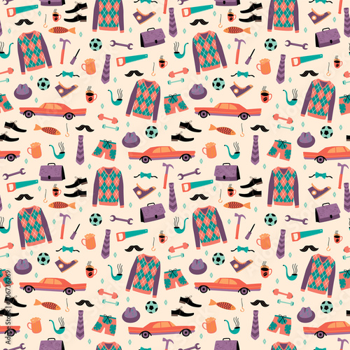 Vector seamless pattern with mans things. Happy Fathers Day concept.