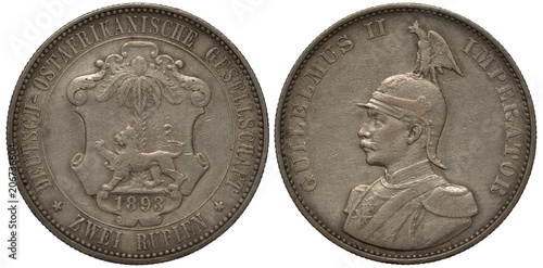 German East Africa silver coin two rupees 1893 lion and palm in front of leather shield, , bust of Emperor Wilhelm II, eagle sitting on helmet, silver, colony,