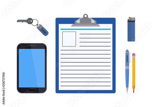 Vector illustration. Set of elements. Phone, key, lighter, pen, pencil, clipboard.