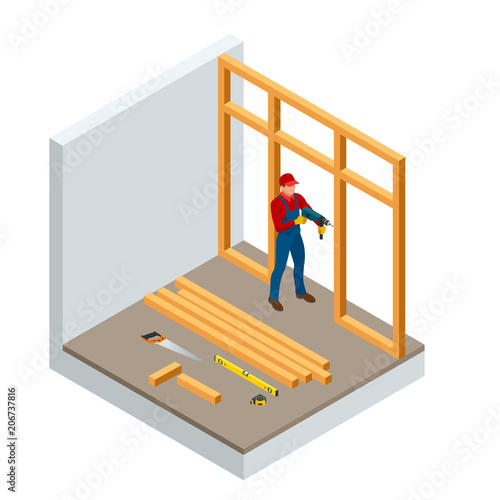 Isometric professional carpenters drilling wood. Construction building industry, new home, construction interior. Lumber, timber materials. Vector illustration
