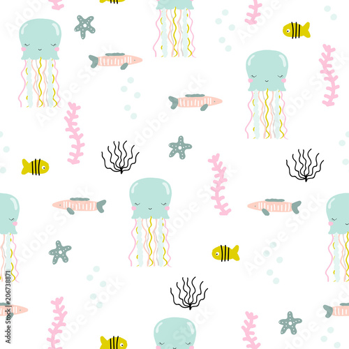 Tapety Śliczny podwodny bezszwowy wzór z meduzami. Wektorowa ręka rysująca ilustracja.