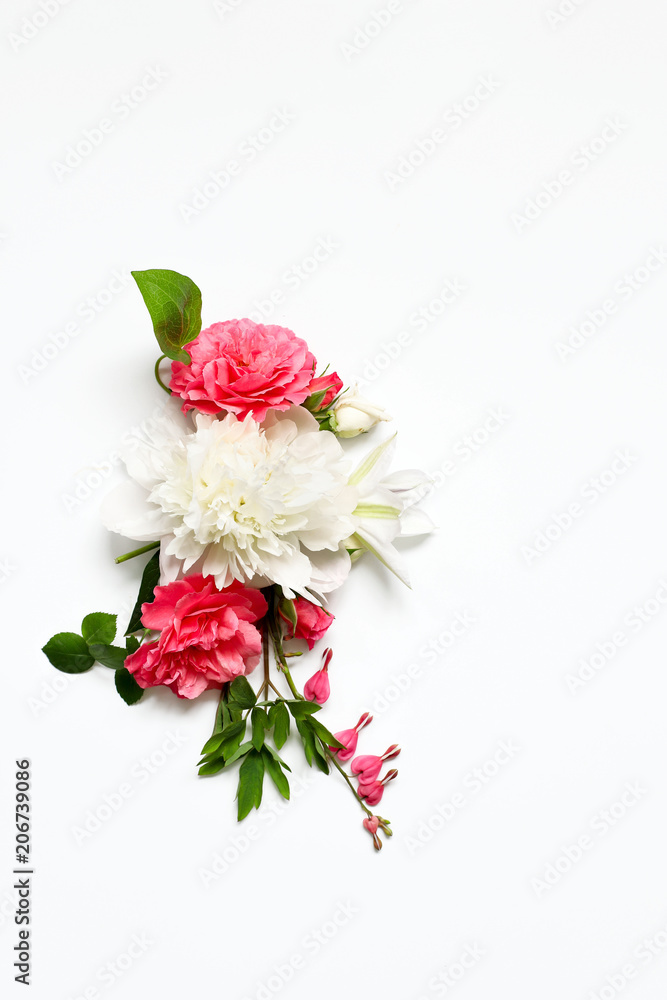 Flower arrangement of Alstroemeria, eustoma, roses, Bleeding heart on a white background