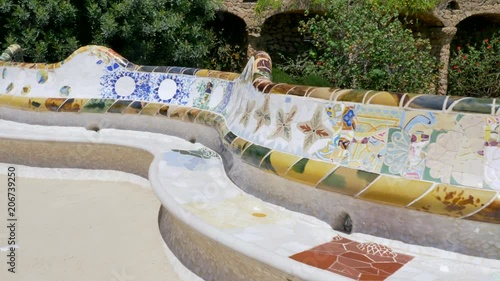 Details of The famous bench mosaics at the Park Güell by arquitect Gaudi in Barcelona, Spain - Slow motion (60fps)