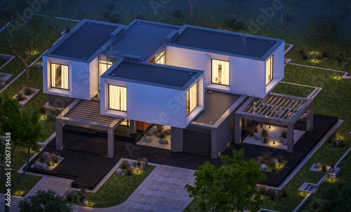 3d rendering of modern house in the garden at night © korisbo