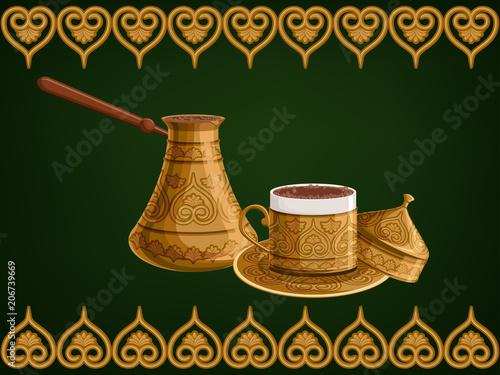 Turkish traditional antique decorated copper cezve and cup of coffee with cap on arabic ornamental green background.