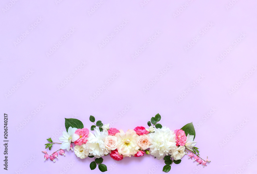 Flower arrangement of Alstroemeria, eustoma, roses, Dycenter on a pink-purple background.