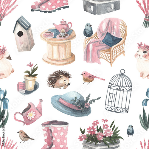 Seamless pattern with flowers, plants and garden tools on white isolated background