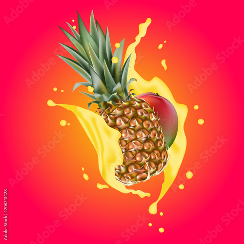 Splash of ananas juice. Mango and pineapple. 3d realistic vector EPS 10. Packaging template. Mango leaves. Colourful background.