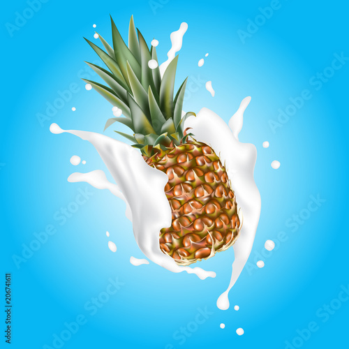 Pineapple 3d vector with realistic splash design elements. Packaging splashing falling ananas for juice, coffee, milk, water, cocktail, chocolate.