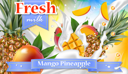 Vector ads 3d promotion banner, Realistic mango and pineapple  splashing falling slices, milk drops, vitamins. Mock up for juice, ice cream, yogurt brand advertising.