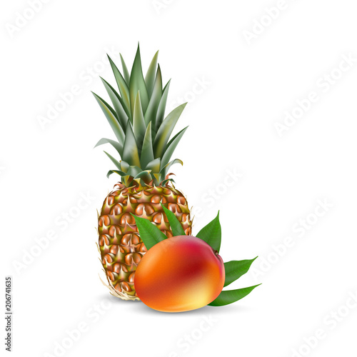 Mango and pineapple. 3d realistic vector EPS 10. Packaging template. Brand advertising. Mango leaves.