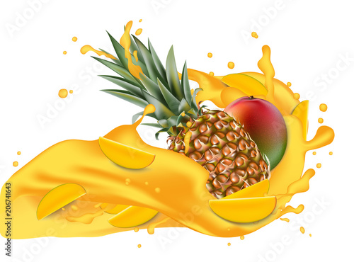 Splash of ananas juice. Mango and pineapple. 3d realistic vector EPS 10. Packaging template. Brand advertising. Mango slices flowing