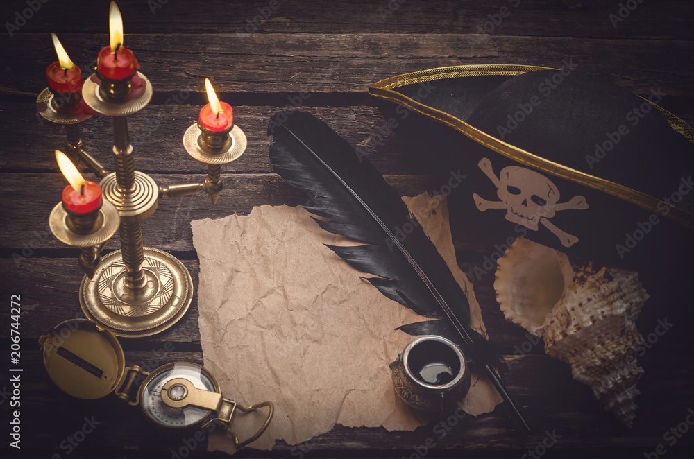 Pirate tresure map paper page, compass, captain hat, seashell and