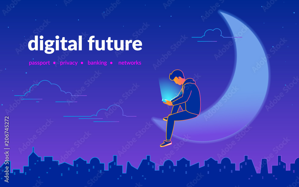 Young man using smartphone sitting on half moon in dark urban midnight panoramic view. Addicted to smartphone guy enjoys his gadget. Gradient line vector illustration of mobile services and apps usage