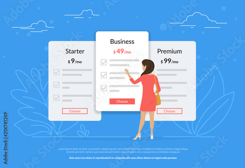 Choose your subscription or payment plan. Young woman standing near pricing panels and choosing the middle price. Flat vector illustration of people who have a choice of different types of payment