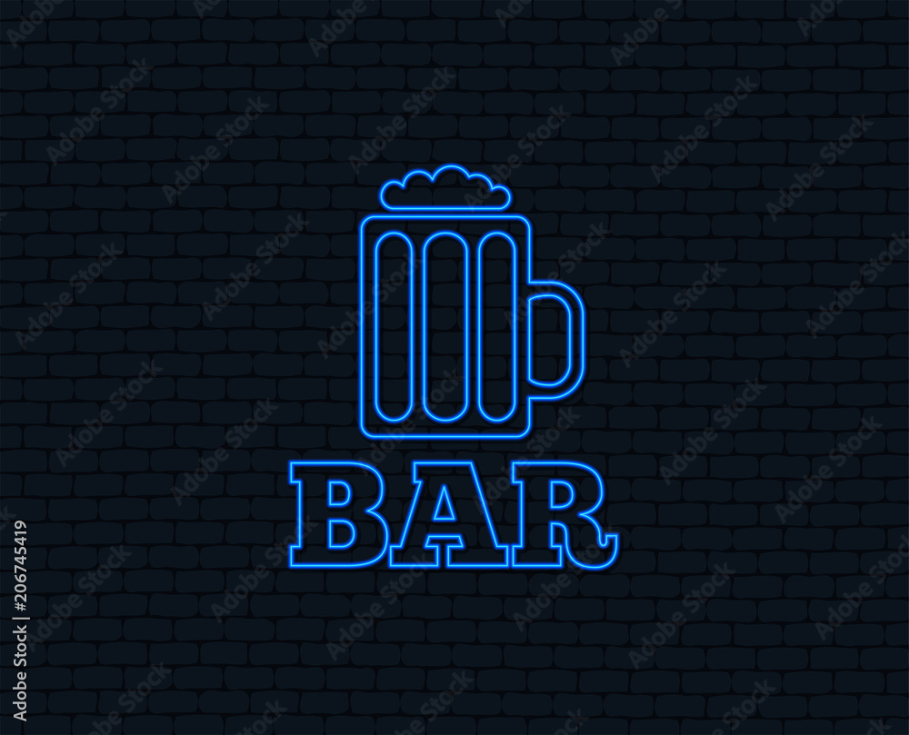 Plakat Neon light. Bar or Pub sign icon. Glass of beer symbol. Alcohol drink symbol. Glowing graphic design. Brick wall. Vector